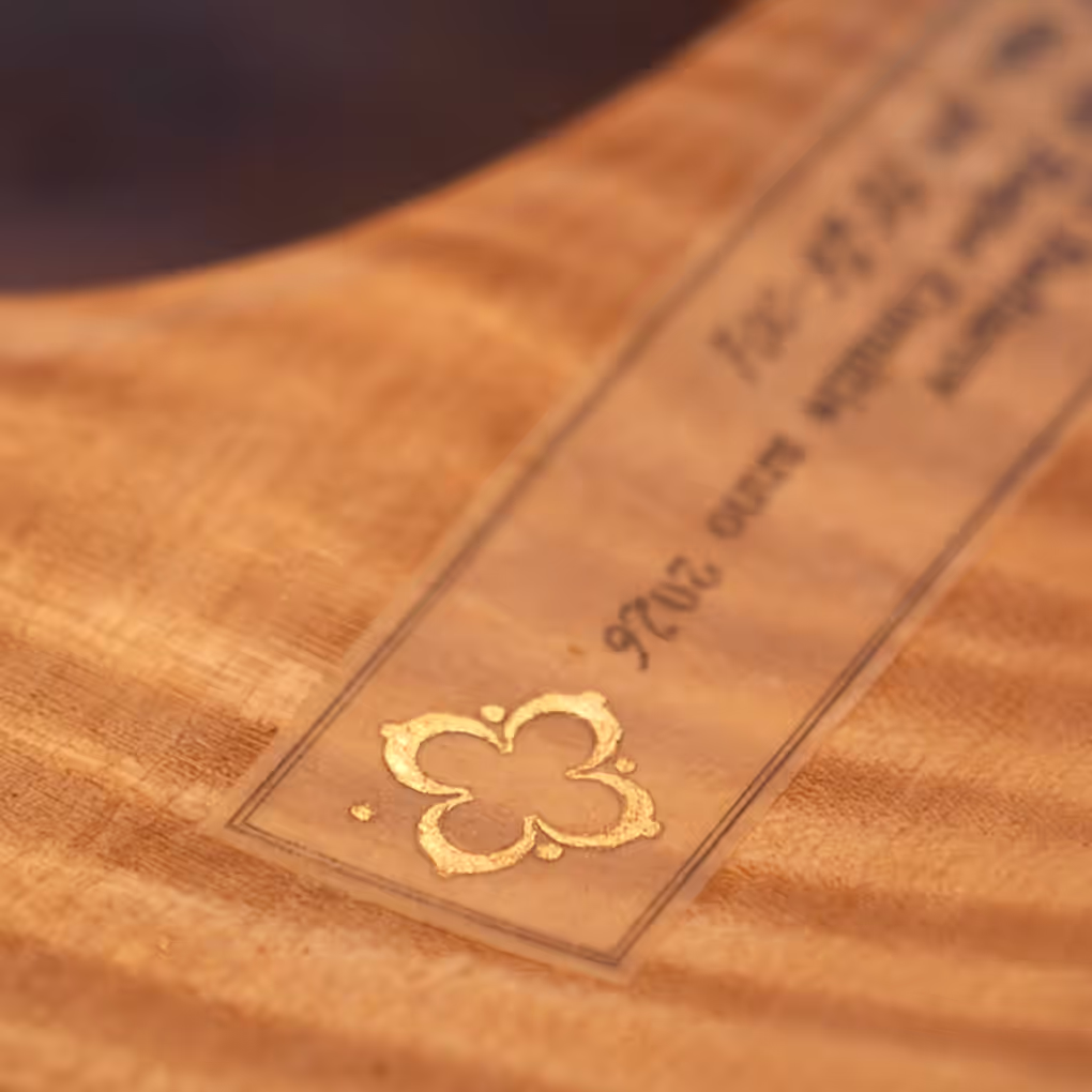 Close-up of the label on the first Baroque violin of 2026