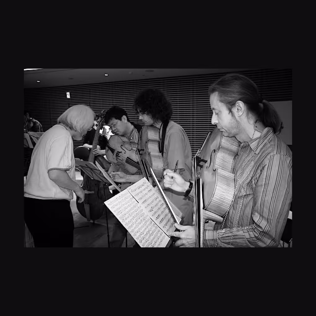 Bach Collegium Japan, Tokyo 2008 — Suzuki, Terakado, Badiarov, Fernandez. Three violoncelli da spalla by Dmitry Badiarov in a rehearsal context. Brandenburg Concerti.