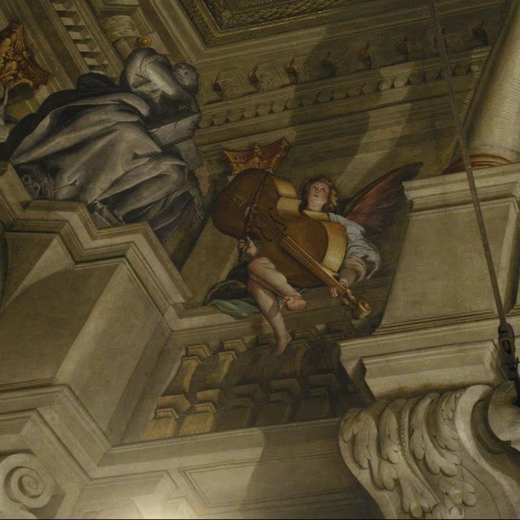 Historical evidence: shoulder-held bass instrument in Barbelli fresco, Crema. Photographed by the author with the kind permission of the priest. St. Maria delle Grazie, Crema, Italy.