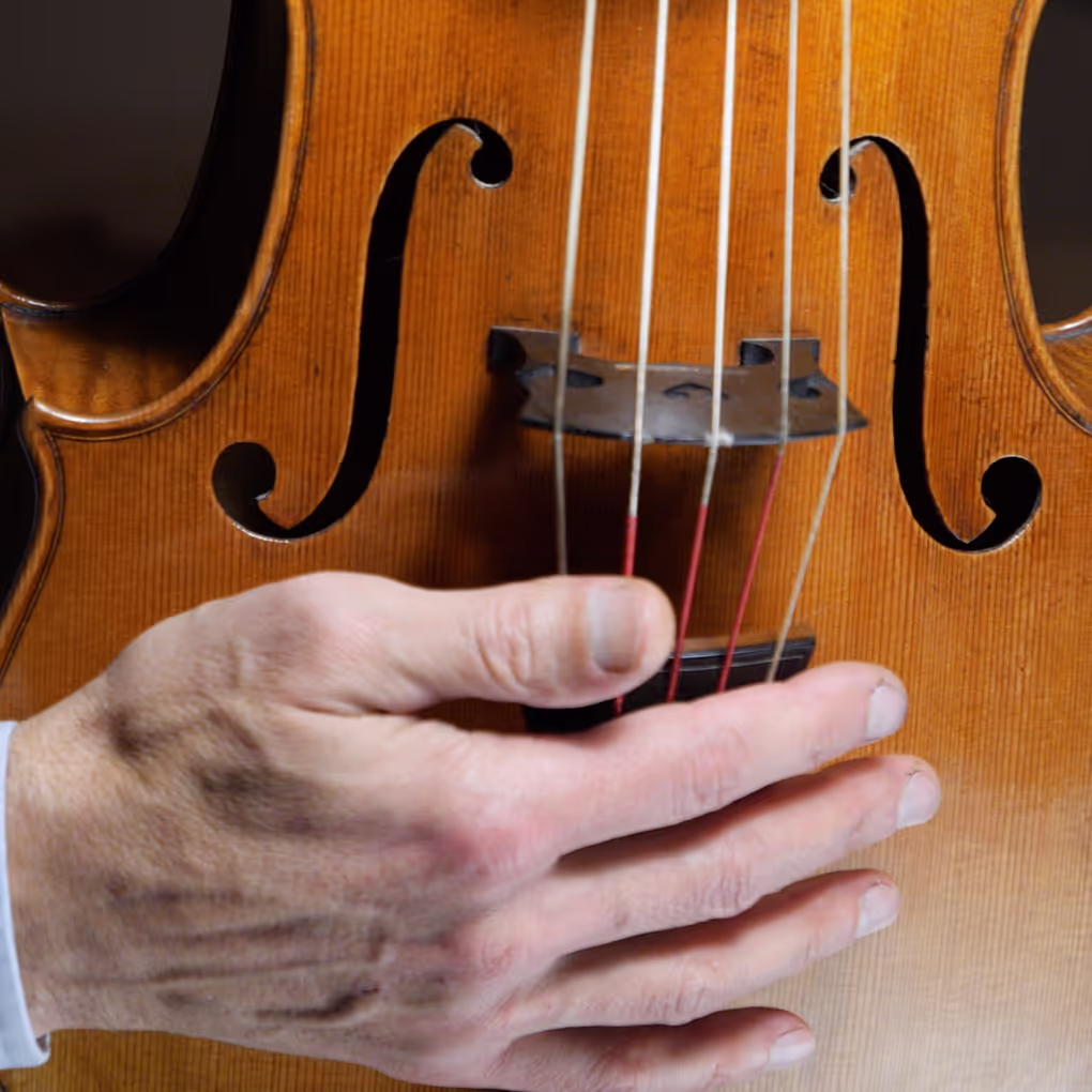 Violoncello da spalla held in the maker’s hands showing scale and craftsmanship details