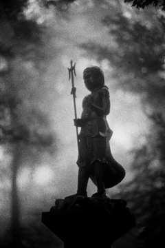 A guardian of silence emerging from mist